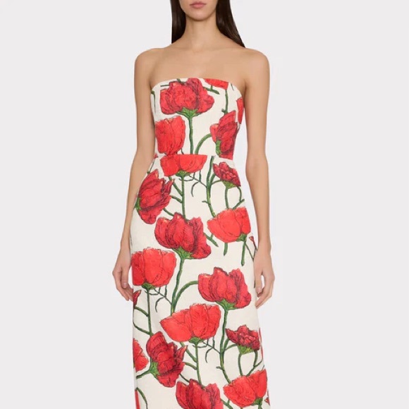 Milly Orion Red Peonia Jacquard Strapless Column Dress Red White Size 2